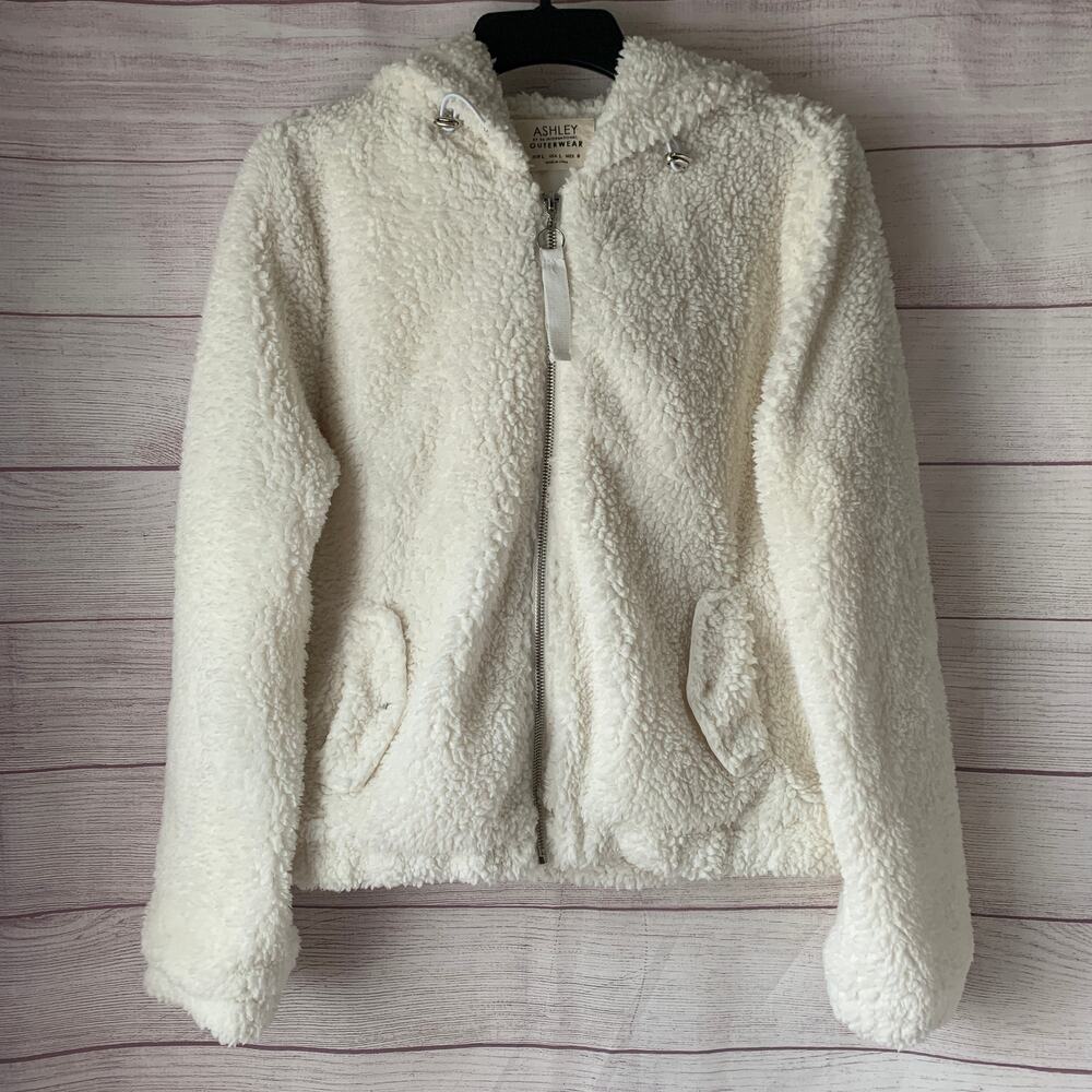 Ashley by 26 International Outerwear White Fuzzy Sherpa Zip Up Jacket Hood Large